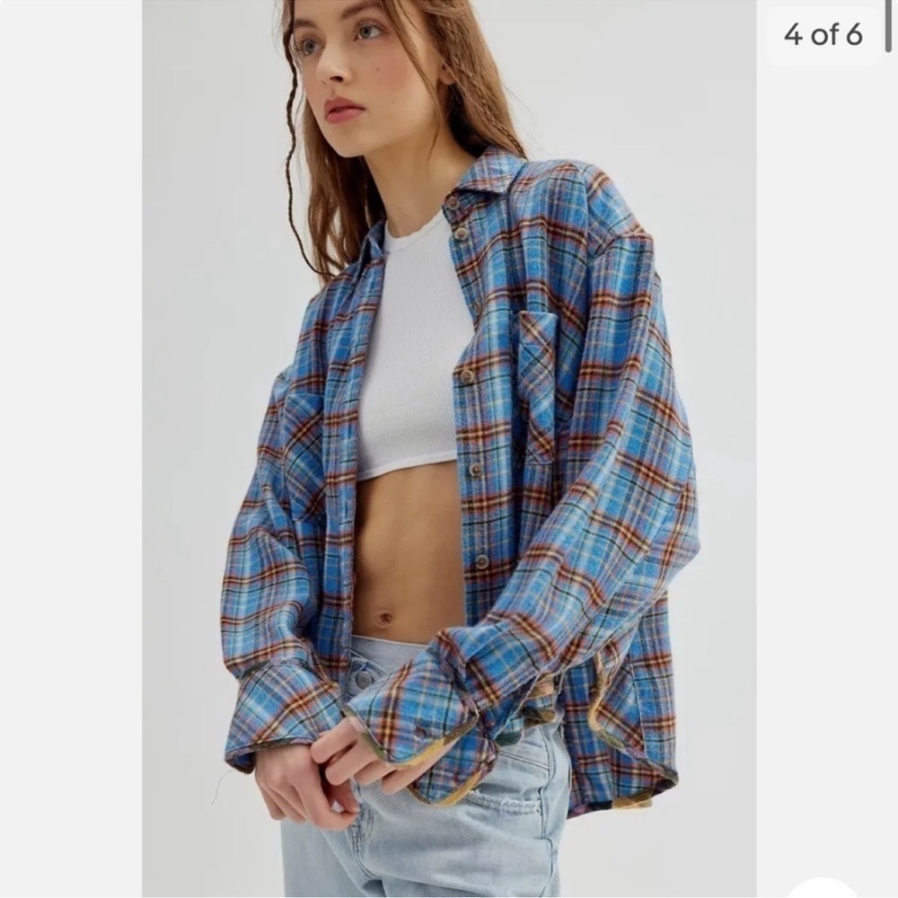 URBAN OUTFITTERS BDG KARL FLANNEL DRAPEY BLUE MULTI BUTTON DOWN SZ XS
